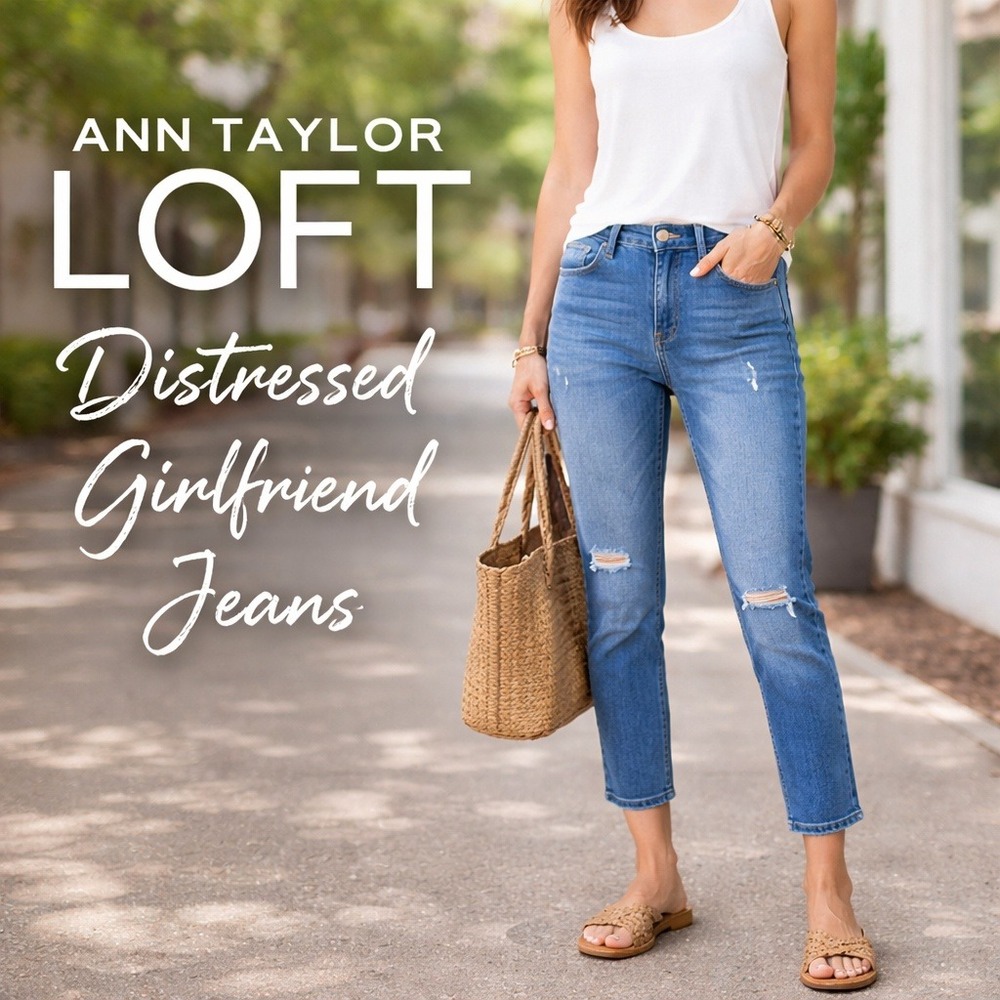 Ann Taylor LOFT Womens Distressed Girlfriend Jeans Sz 4‎ Mid Rise Blue Denim